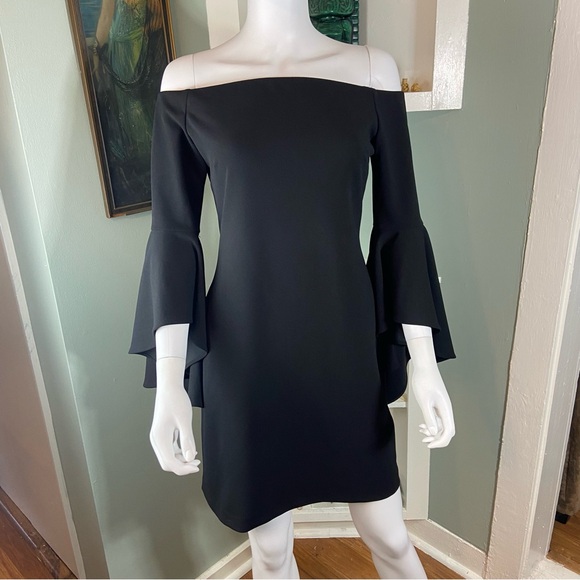 Vince Camuto Black Off-Shoulder Bell Flared Sleeve Mini Dress Bodycon Sheath - Picture 2 of 15